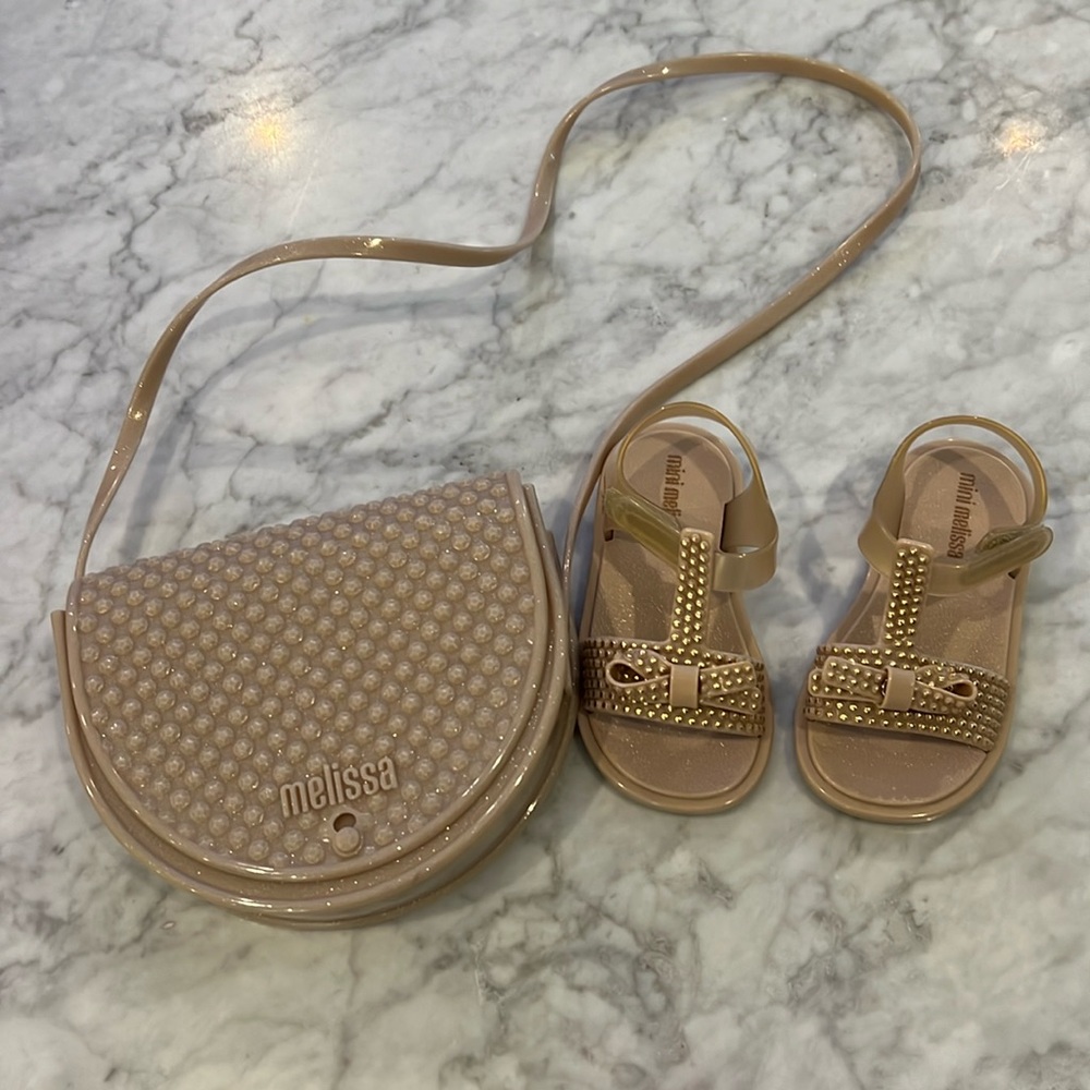 Brand new gold mini Melissa sandals + handbag